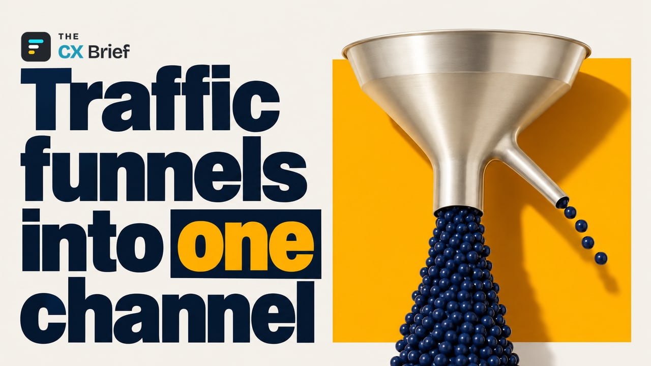 Traffic funnels into one channel — Türkiye's 94.49% ChatGPT Record and What It Means for CX. Nearly all the beads flowing through a forked funnel pour out of the wide mouth, with only a few slipping through the narrow side spout.