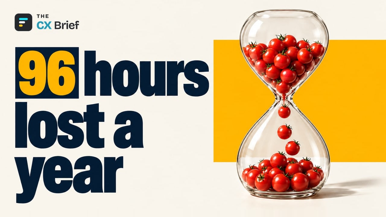 96 hours lost a year — Veri Enstitüsü: Weekly grocery shopping adds up to at least 96 hours lost a year. Red tomatoes pouring from a giant hourglass pile up at the bottom, filling a time gauge.