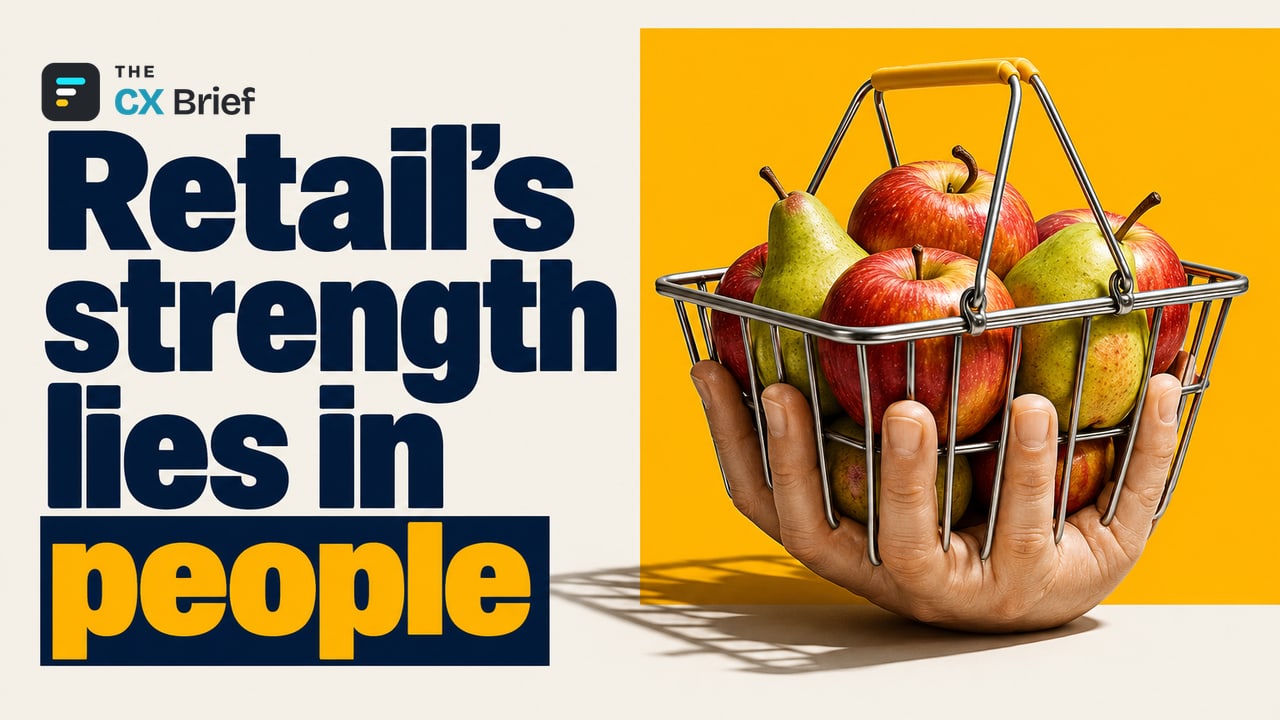 Retail's strength lies in people — Waking Up From the Digital Delusion: The Power of People in Retail. A human hand forming the bottom of a shopping basket carries the products inside it.