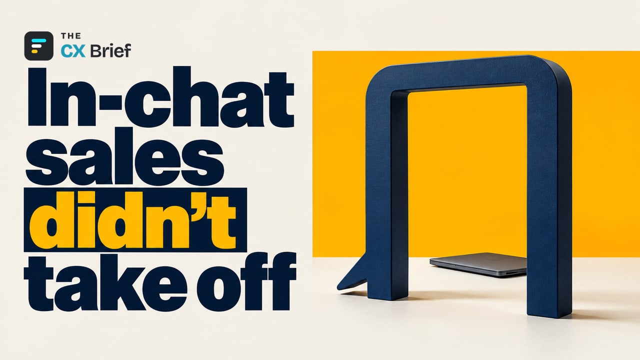In-chat sales didn't take off — Walmart pulls back from ChatGPT shopping after finding in-chat shoppers convert at a far lower rate than shoppers on its own site. A store door opening out of a chat bubble leads into a void, with a closed laptop behind it.