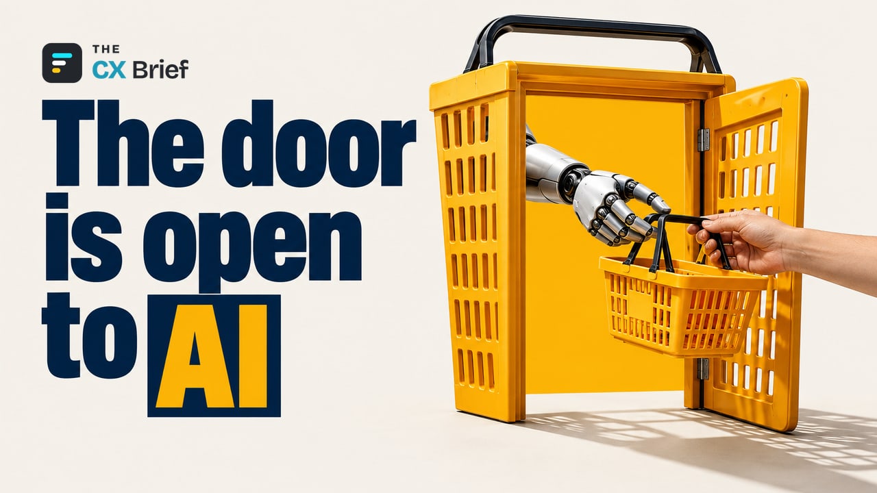 The door is open to AI — Walmart says it is reinvesting savings from AI in pricing and customer experience. A robot hand reaches through a door shaped like a shopping basket, standing ajar, to hand a small basket to a human hand.