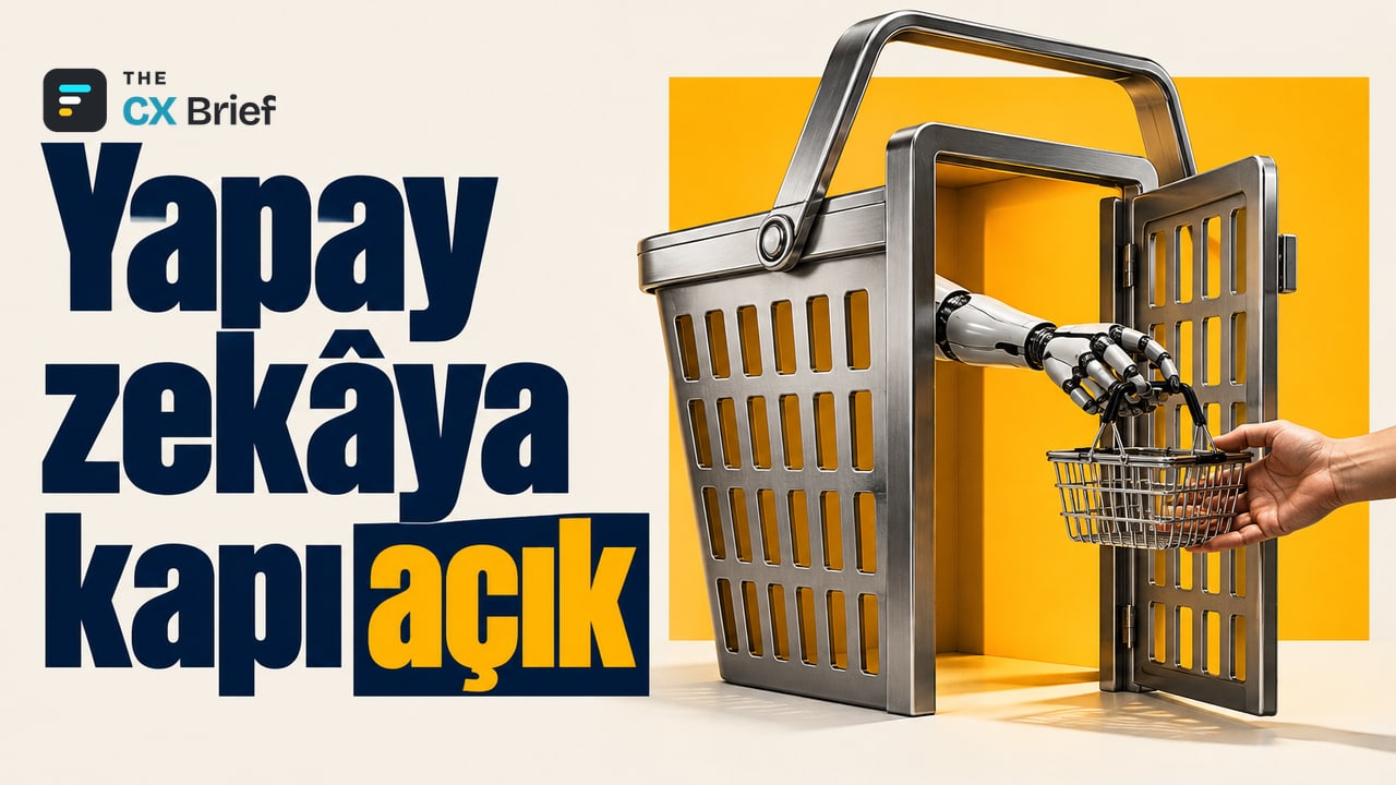 Yapay zekâya kapı açık — Walmart, yapay zekâdan gelen tasarrufu fiyata ve müşteri deneyimine yatırdığını söylüyor. Aralık duran alışveriş sepeti biçimindeki bir kapıdan robot eli uzanıp insan eline küçük bir sepet veriyor.