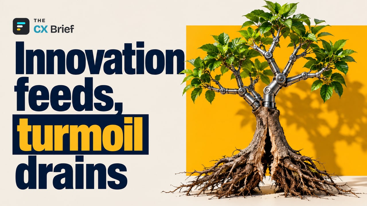 Innovation feeds, turmoil drains — What Do the 2026 Employee Trends Tell Us? The roots of a tree sprouting new mechanical branches pull away from the cracking base of its trunk.