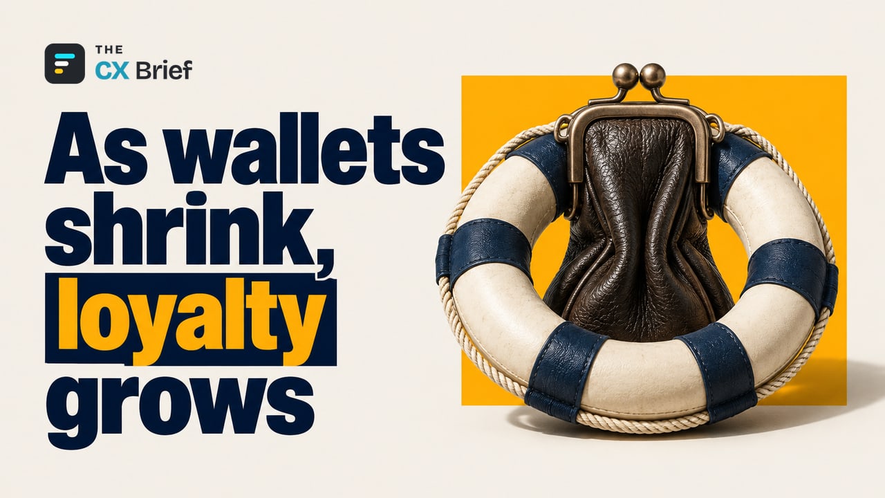 As wallets shrink, loyalty grows — When Money Gets Tight, Loyalty Takes Center Stage. The clasp of a wallet squeezed in the middle turns into a life ring encircling the wallet.