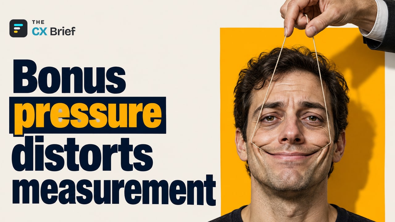 Bonus pressure distorts measurement — Why Is It Risky to Tie Customer Experience Metrics to Employee Bonuses? Strings pulled taut by a puppeteer tug the mouth of an ordinary face into a forced smile.