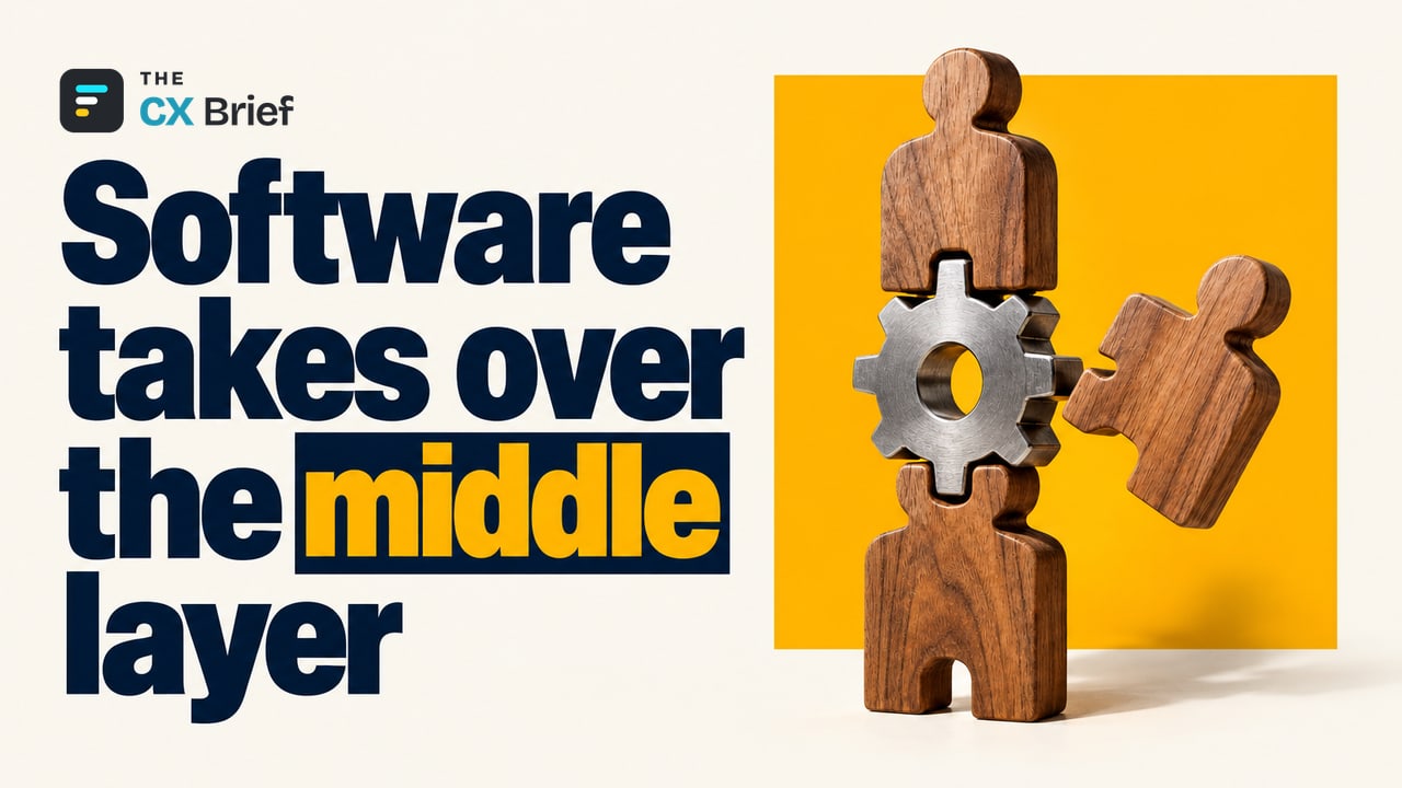 Software takes over the middle layer — Will Half of All Customer Service Jobs Be Gone by 2030? A mechanical gear takes over the middle section of a single wooden totem made up of three human-shaped sections.