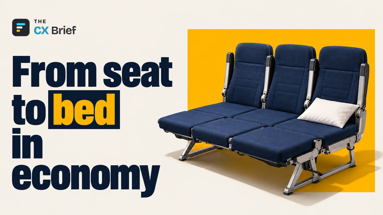 From seat to bed in economy — "Would You Like a Bed in Economy for Just a Little Extra?" United Airlines Offers Flyers a Big New Option. The raised leg rests of a three-seat economy row form a continuous bed with a pillow on top.