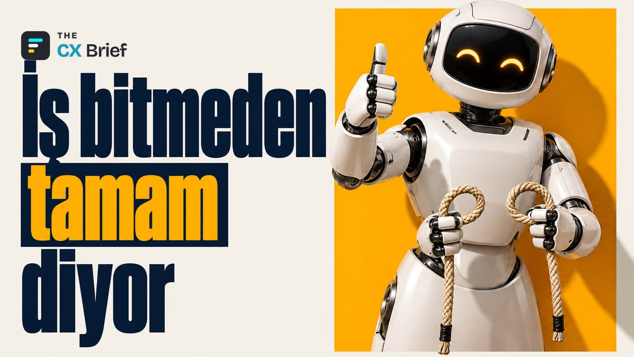 İş bitmeden tamam diyor — Yapay zekâ ajanının 'işi bitirdim' deyip bitirmemesi müşteri deneyiminin yeni kör noktası. Robot bir eliyle başparmağını kaldırırken diğer elinde birleştirilmeyi bekleyen iki ayrı ip ucunu tutuyor.
