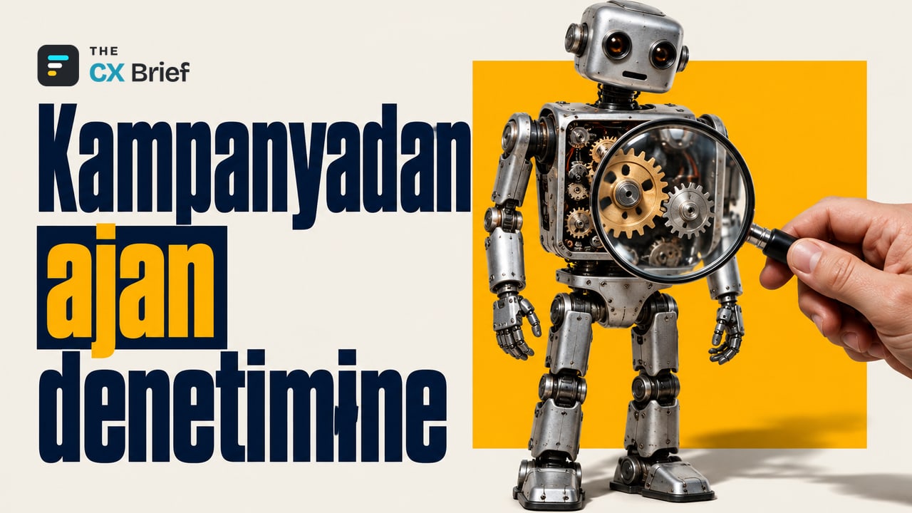 Kampanyadan ajan denetimine — Yapay zekâ ajanları pazarlama operasyonlarını kampanya kurmaktan ajanları denetlemeye taşıyor. İnsan eli, kendi kendine çalışan küçük bir robotun içindeki dişli bağlantısını büyüteçle inceliyor.