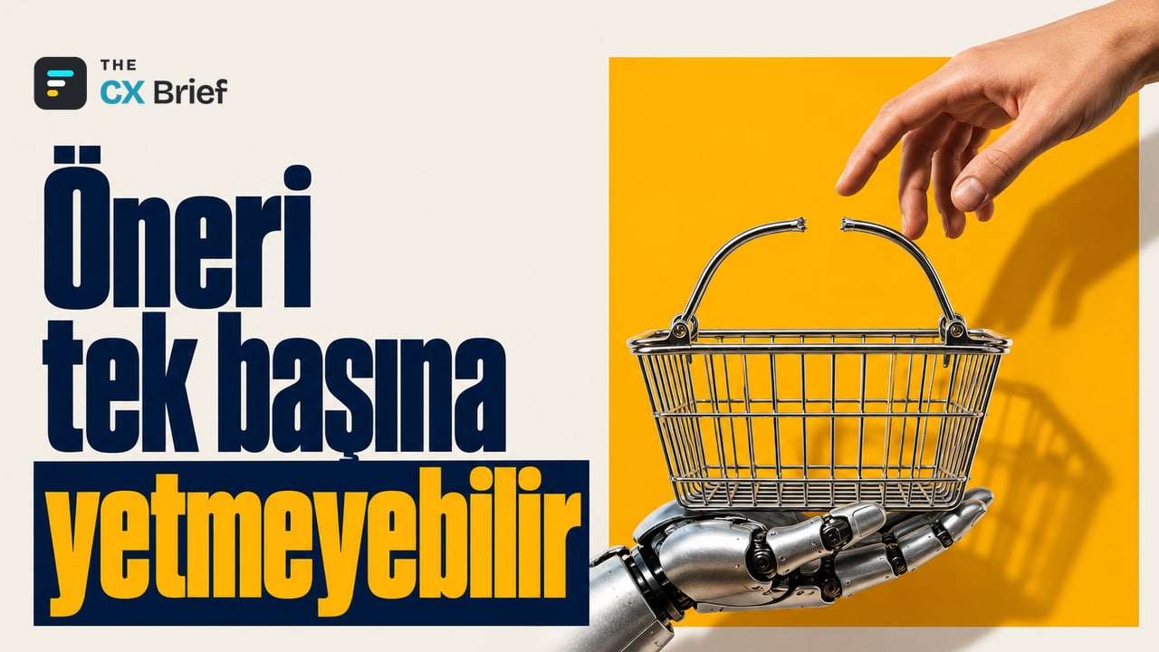 Öneri tek başına yetmeyebilir — Contentsquare: site hayal kırıklığı yaratırsa tüketicilerin %23'ü başka markaya geçeceğini söylüyor. Robot elinin sunduğu alışveriş sepetinin kopuk sapı, sepete uzanan insan elini havada durduruyor.