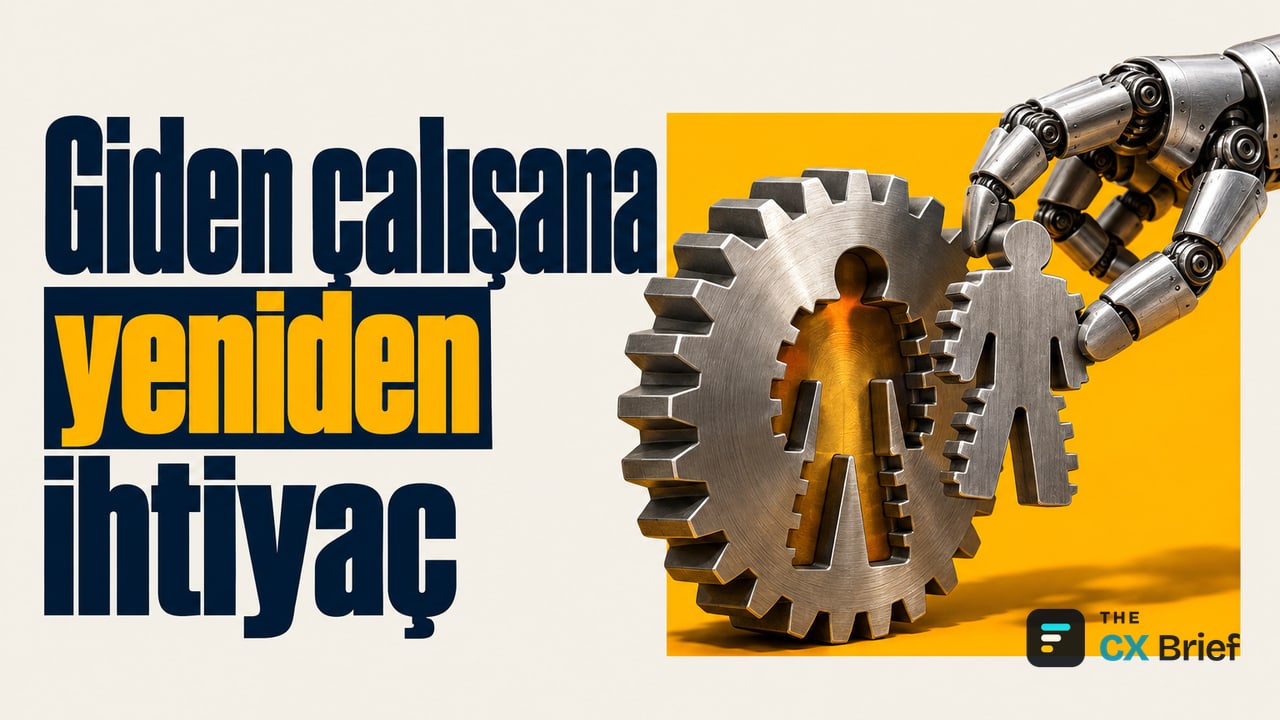 Giden çalışana yeniden ihtiyaç — Gartner: yapay zekâ nedeniyle işten çıkarılanların %30'unu 2029'a kadar yeniden işe almak gerekecek. Robot eli, büyük bir dişlinin çalışması için gereken insan biçimli parçayı yeniden yerine takıyor.