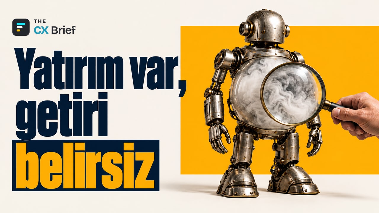 Yatırım var, getiri belirsiz — Gartner: müşteri hizmetlerinde yapay zekâ kullanım senaryolarının %42'sinde getiri belirsiz. Robot biçimindeki bir heykelin buzlu cam karnına tutulan büyüteç, içerideki sisi büyütüyor.