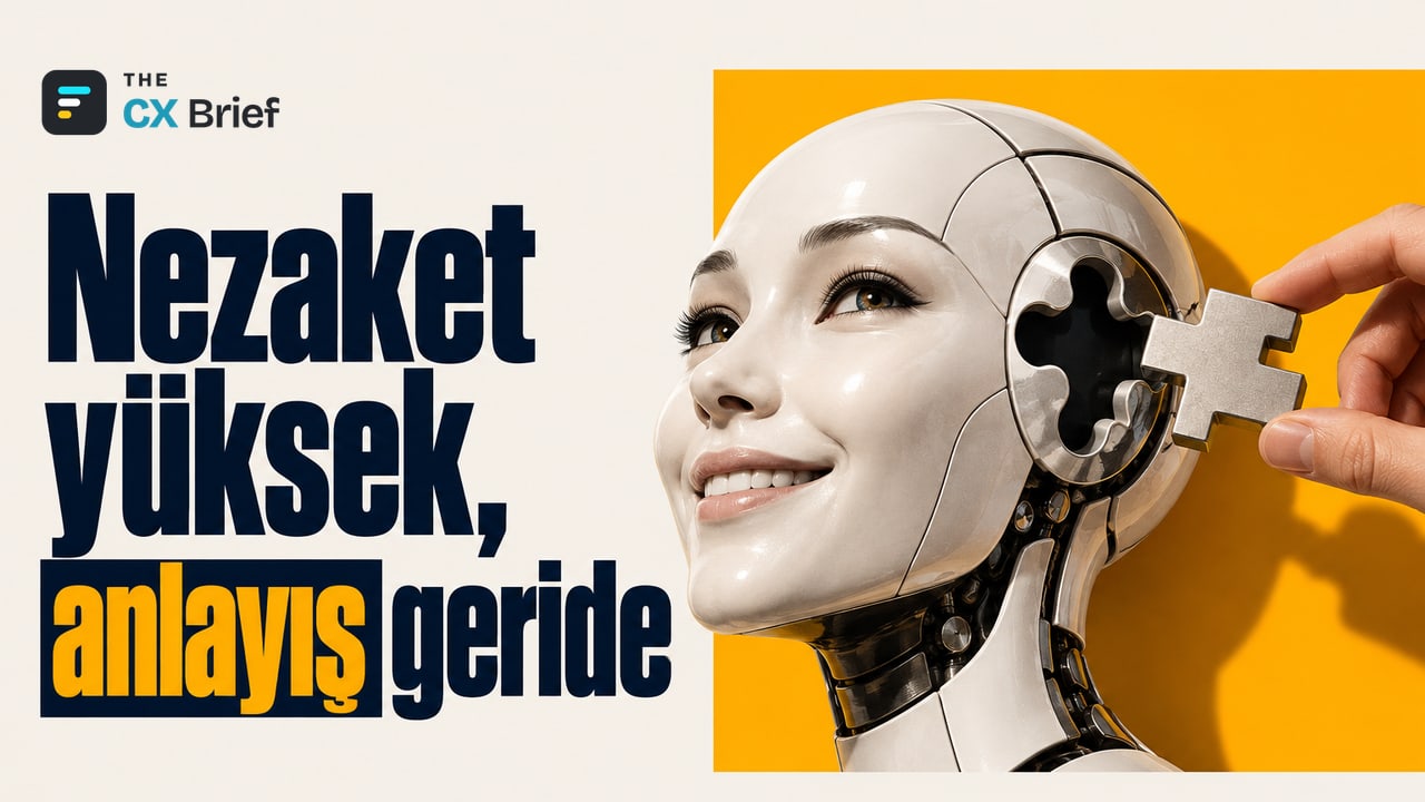 Nezaket yüksek, anlayış geride — Yapay zekâyla verilen hizmet samimi bulunuyor ama anlama puanı daha düşük kalıyor. Gülümseyen robot başının kulağındaki yapboz boşluğuna, insan elinin uzattığı parça uymuyor.