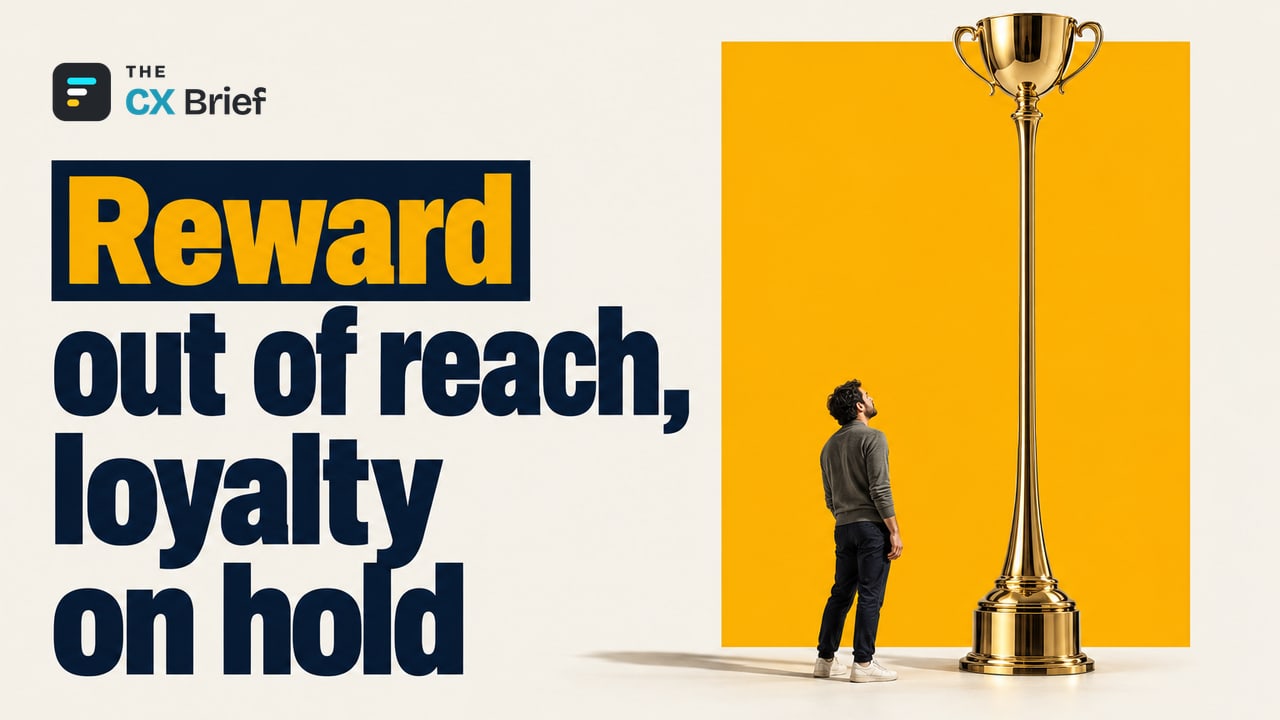 Reward out of reach, loyalty on hold — You Think You Have a Loyalty Program, but Could Your Customers Be Quietly Walking Away? The extremely long stem of a trophy cup lifts it too high for the person waiting at its base to reach.