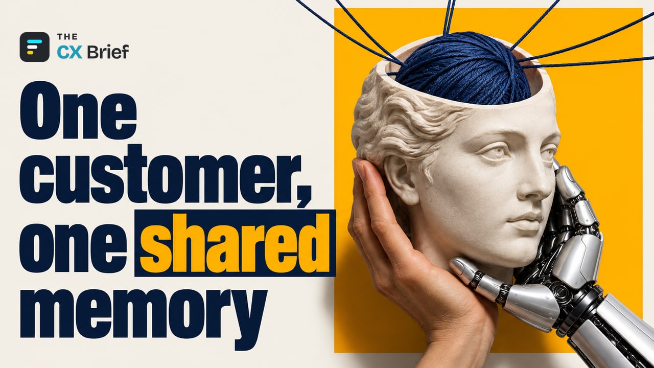 One customer, one shared memory — Zoom unveils shared customer memory for human and AI agents. A human hand and a robot hand hold the same sculpted human head, in which different threads come together in a single ball of memory.