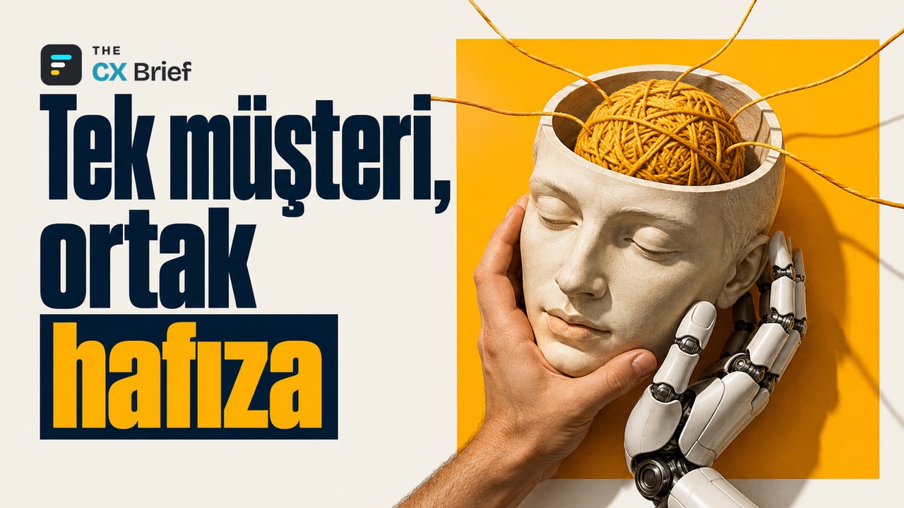 Tek müşteri, ortak hafıza — Zoom, temsilcilerle yapay zekâ ajanlarının ortak kullandığı müşteri belleğini tanıttı. İnsan eli ile robot eli, farklı ipliklerin tek bir hafıza yumağında birleştiği aynı insan başı heykelini tutuyor.